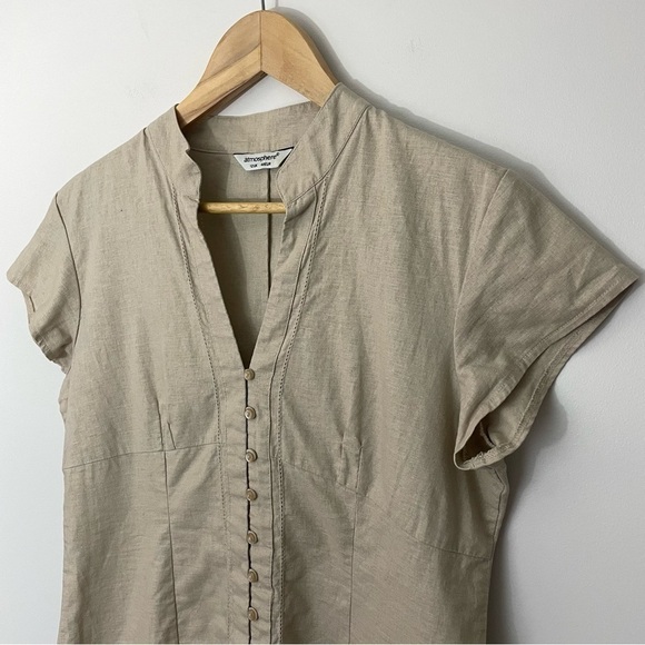Atmosphere Button Front Crop Shirt Sz 12 Beige Linen Cotton Cap Sleeve Top - Picture 2 of 10